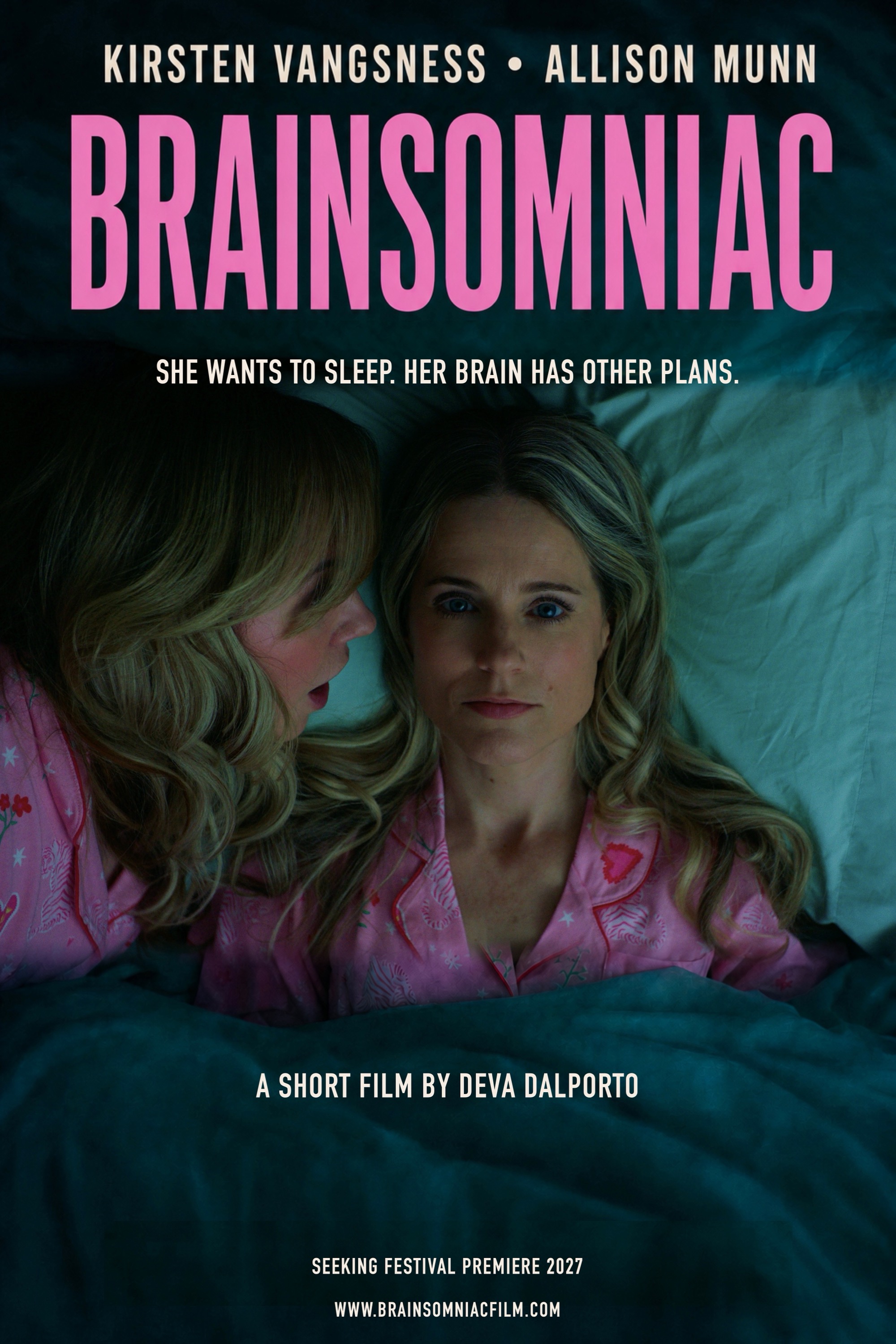 BRAINSOMNIAC official festival poster featuring Kirsten Vangsness and Allison Munn on teal bedding.
