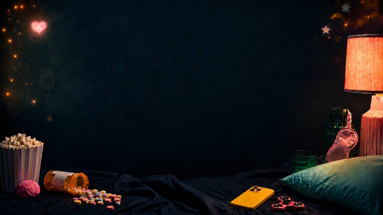 A dark BRAINSOMNIAC bedroom still with a warm lamp, teal pillow, pink sleep mask, pills, popcorn, and a yellow phone.